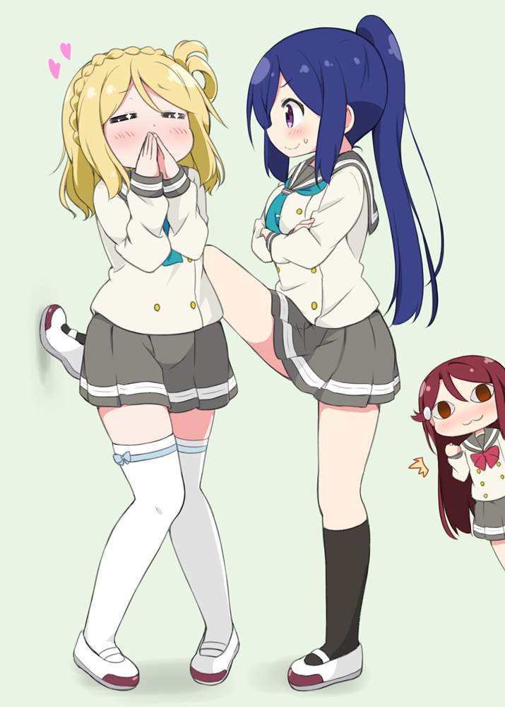 3girls :3 alternate_eye_color black_socks blonde_hair blue_hair blush chibi closed_eyes crossed_arms fist_pump foot_kabedon green_background grey_skirt hair_between_eyes hair_rings heart kabedon long_hair love_live! love_live!_sunshine!! matsuura_kanan miyako_hito multiple_girls ohara_mari ponytail purple_eyes red_eyes red_hair sakurauchi_riko school_uniform shoes simple_background skirt smile socks standing standing_on_one_leg sweat thighhighs uranohoshi_school_uniform uwabaki white_legwear yuri yurijoshi