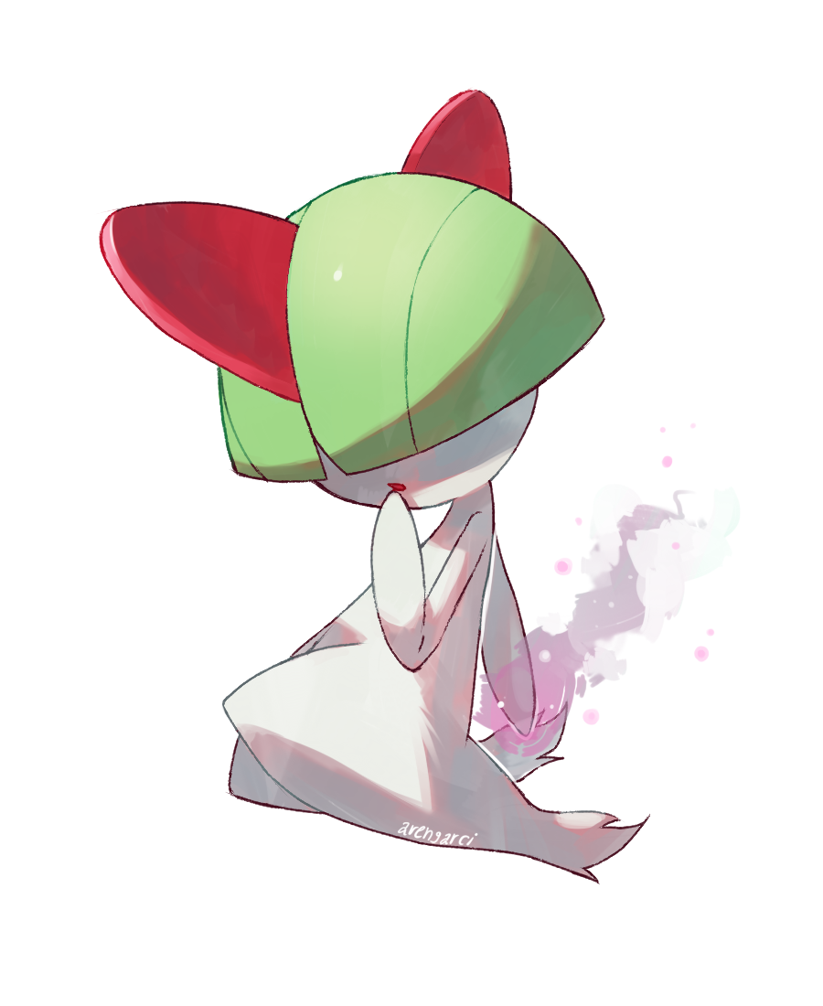 aren_garci artist_name colored_skin creatures_(company) game_freak gen_3_pokemon green_hair hair_over_eyes hand_on_own_face horns nintendo parted_lips pokemon pokemon_(creature) psychic ralts signature simple_background white_background white_skin