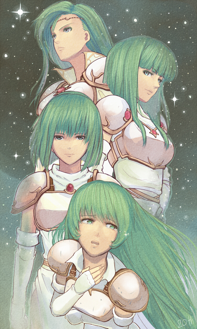 4girls annand_(fire_emblem) armor bob_cut closed_mouth crying dithorba_(fire_emblem) elbow_gloves erinys_(fire_emblem) female_focus fingerless_gloves fire_emblem fire_emblem:_genealogy_of_the_holy_war gloves green_eyes green_hair hand_on_own_hip hand_on_own_chest high_collar highres long_hair looking_at_viewer matching_hair/eyes multiple_girls nintendo pamela_(fire_emblem) parted_lips short_hair shoulder_armor sky star_(sky) starry_sky tears trait_connection very_long_hair white_armor white_gloves