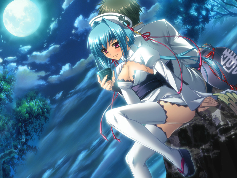 1girl blue_hair blush chouun cliff cup game_cg hongou_kazuto katagiri_hinata koihime_musou ledge nipples pov red_eyes sandals tabi thighhighs white_thighhighs