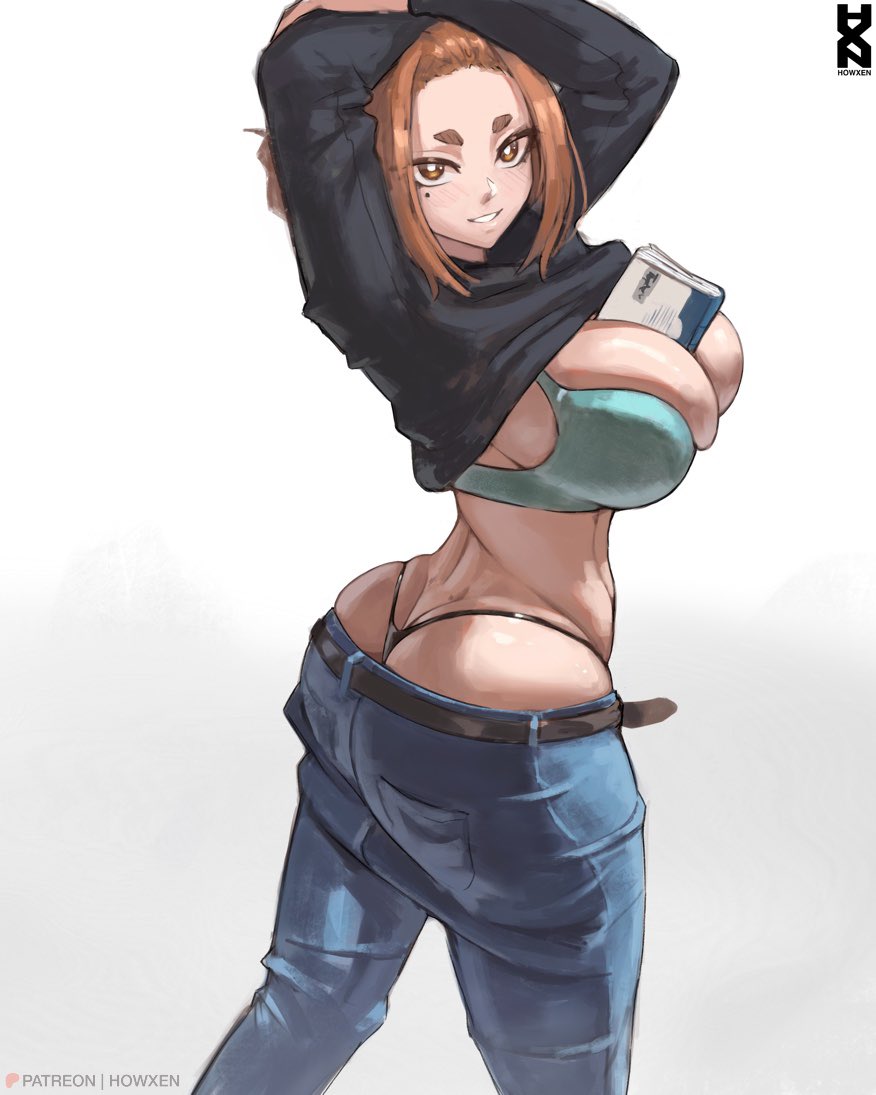 1girl ass between_breasts black_shirt book bra breasts bursting_ass butt_crack cleavage clothes_lift curvy denim forehead howxen jeans kaii_to_otome_to_kamikakushi large_breasts looking_at_viewer mature_female mole mole_under_eye ogawa_sumireko pants shirt shirt_lift smile solo thong underwear whale_tail_(clothing)