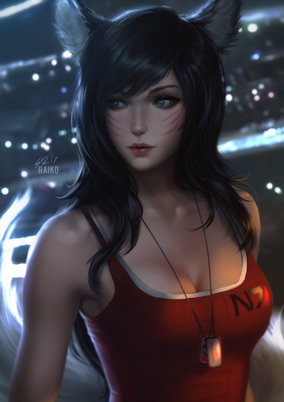 1girl ahri_(league_of_legends) animal_ears bad_id bad_tumblr_id black_hair blue_eyes breasts cleavage crossover dog_tags facial_mark female_focus fox_ears fox_tail highres league_of_legends long_hair mass_effect_(series) mass_effect_1 raikoart solo tail whisker_markings