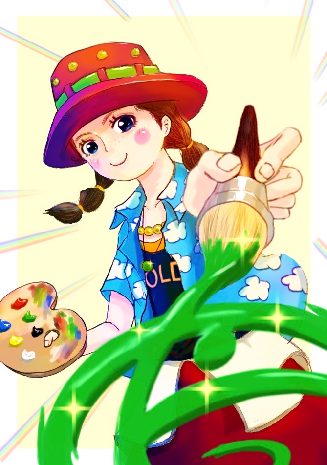 1girl blue_shirt blush_stickers border closed_mouth cloud_print commentary_request freckles hat holding holding_paintbrush holding_palette jewelry komeko_onepiece looking_at_viewer miss_goldenweek motion_lines necklace one_piece paintbrush palette_(object) pearl_necklace shirt smile solo sparkle twintails white_border yellow_background