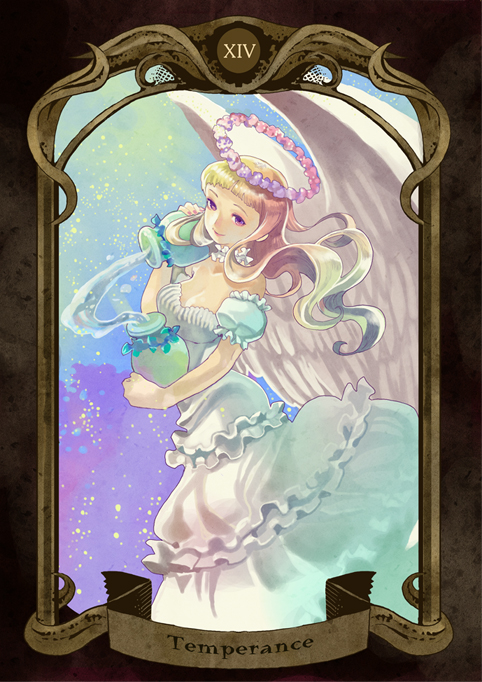 1girl angel angel_wings bad_id bad_pixiv_id bird_wings blonde_hair bustle card card_(medium) choker crown dress earrings female_focus frilled_sleeves frills halo head_wreath jewelry jug_(bottle) kotetsu_(popeethe) long_hair original profile puffy_sleeves purple_eyes scepter sidelocks smile solo tarot tarot_(medium) temperance_(tarot) tiara water white_dress wide_sleeves wings