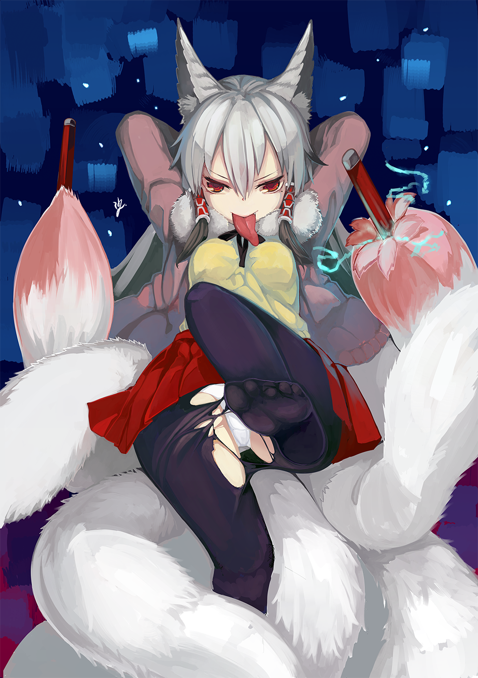 1girl animal_ear_fluff animal_ears breasts dakini_(imawabi_no_dakini) fang fox_ears fox_girl fox_tail gradient_hair hair_between_eyes hair_tubes highres imawabi_no_dakini kitsune kyuubi long_hair long_tongue looking_at_viewer medium_breasts multicolored_hair multiple_tails no_shoes panties pantyhose pleated_skirt red_eyes saryuu_(iriomote) sidelocks skirt solo tail tongue tongue_out torn_clothes torn_pantyhose underwear very_long_hair white_hair