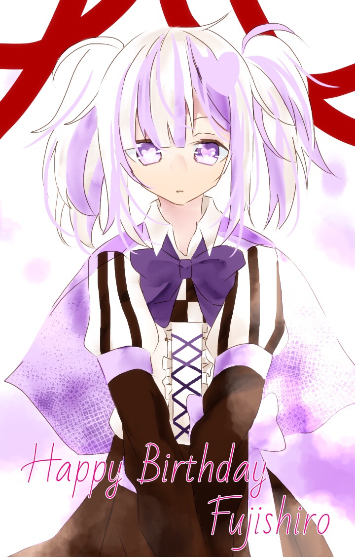 10s 1girl bad_id bad_pixiv_id bow character_name female_focus fujishiro_otone fuki_31 hair_ribbon happy_birthday heart looking_at_viewer mikagura_gakuen_kumikyoku multicolored_hair purple_hair ribbon school_uniform simple_background solo twintails two-tone_hair white_hair