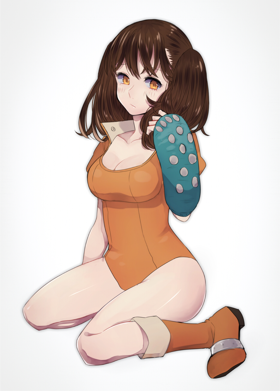 utatane (marimo 1005), diane (nanatsu no taizai), nanatsu no taizai,  highres, 10s, 1girl, :/, alternate eye color, black hair, blush, bodysuit,  boots, breasts, brown eyes, brown hair, cleavage, collarbone, fingerless  gloves, from