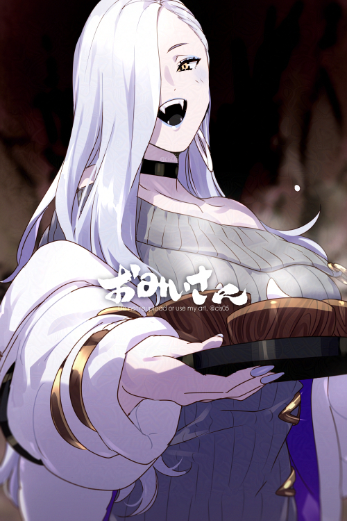 1girl bare_shoulders blue_lips bowl breasts choker collarbone dress earrings echo_(circa) eyeliner fangs fate/grand_order fate_(series) grey_dress hair_over_one_eye hoop_earrings jacket jewelry large_breasts long_hair long_sleeves looking_at_viewer makeup mrs._snake_(fate) off_shoulder open_mouth smile solo sweater sweater_dress tassel translation_request tray white_hair white_jacket yellow_eyes