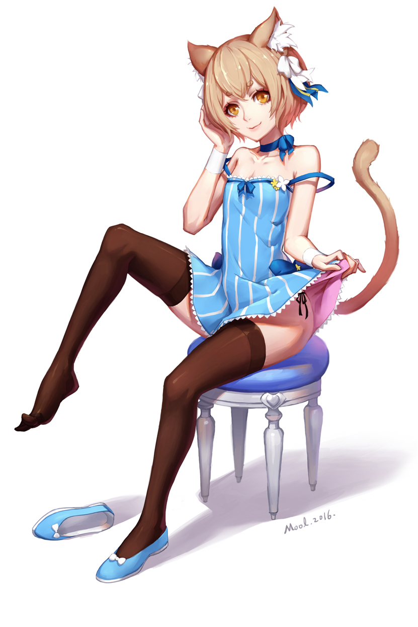 10s 1boy 2016 animal_ears artist_name bare_shoulders black_panties black_thighhighs blue_bow blue_dress blue_footwear blue_ribbon bow brown_hair cat_boy cat_ears cat_tail choker closed_mouth clothes_lift collarbone crossdressing dated dress dress_lift eyebrows eyelashes feet felix_argyle flashing flats full_body fur hair_bow hand_on_own_head highres knee_up lifting_own_clothes looking_at_viewer male_focus mool_yueguang panties plantar_flexion re:zero_kara_hajimeru_isekai_seikatsu ribbon shadow shoes unworn_shoes short_dress short_eyebrows short_hair side-tie_panties side-tie_peek simple_background single_shoe sitting sleeveless sleeveless_dress smile solo stool strap_slip tail thighhighs toe-point trap underwear white_background white_bow wristband yellow_eyes