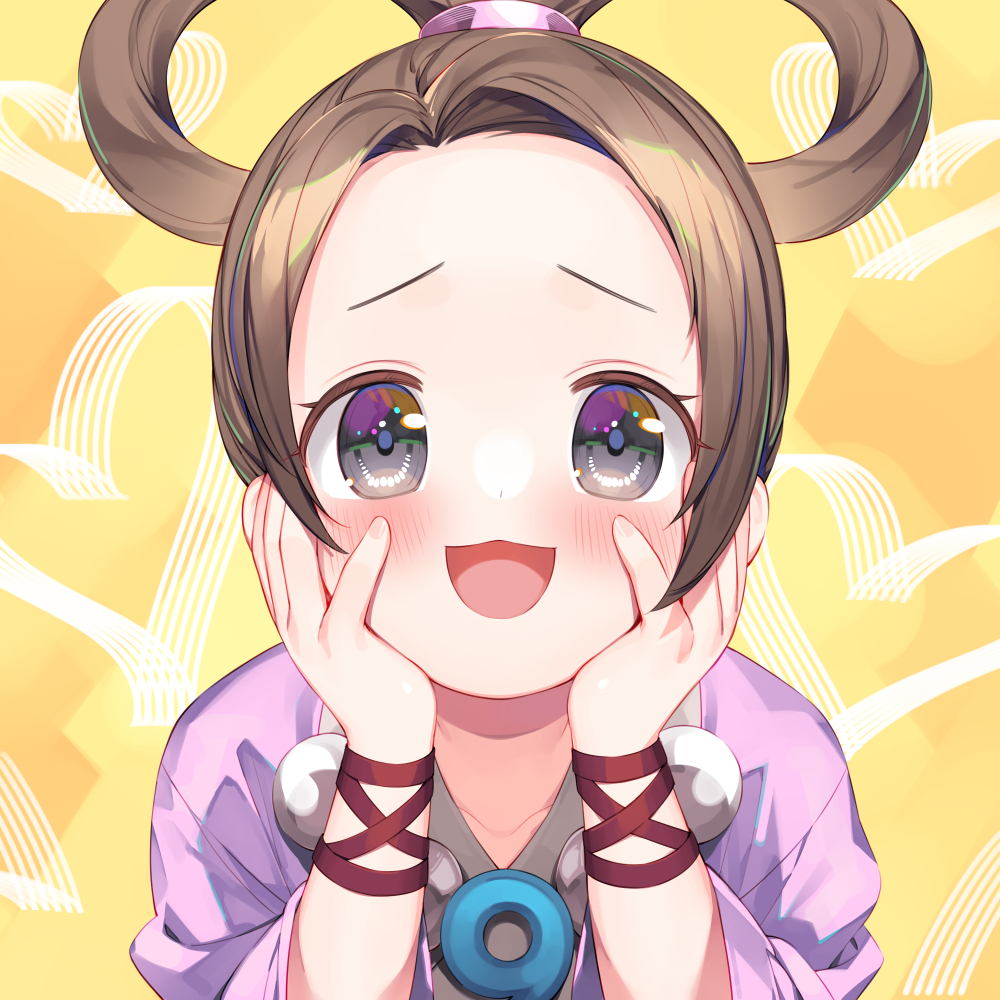 1girl :d ace_attorney black_eyes blush brown_hair bucchake_(asami) hair_rings hands_on_own_cheeks hands_on_own_face heart jewelry looking_at_viewer magatama magatama_necklace necklace open_mouth pearl_fey smile solo upper_body yellow_background