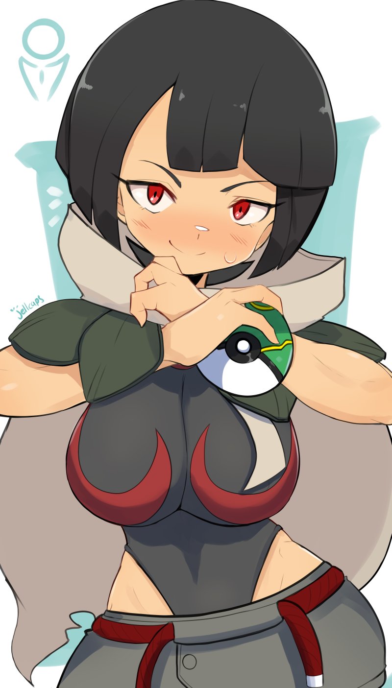 1girl black_hair breasts creatures_(company) crossed_arms game_freak highleg highleg_leotard highres jellcaps large_breasts leotard nintendo pokemon pokemon_oras red_eyes short_hair shorts smile solo zinnia_(pokemon)