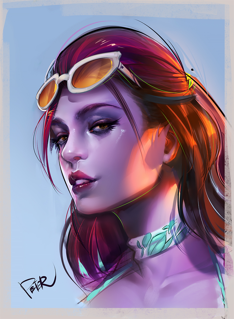 1girl blue_background colored_skin commentary_request cote_d&#039;azur_widowmaker eyelashes eyewear_on_head female_focus lips long_hair looking_at_viewer nose overwatch overwatch_1 peter_xiao portrait purple_lips purple_skin red_hair sideways_glance signature simple_background sketch solo sunglasses widowmaker_(overwatch) yellow_eyes