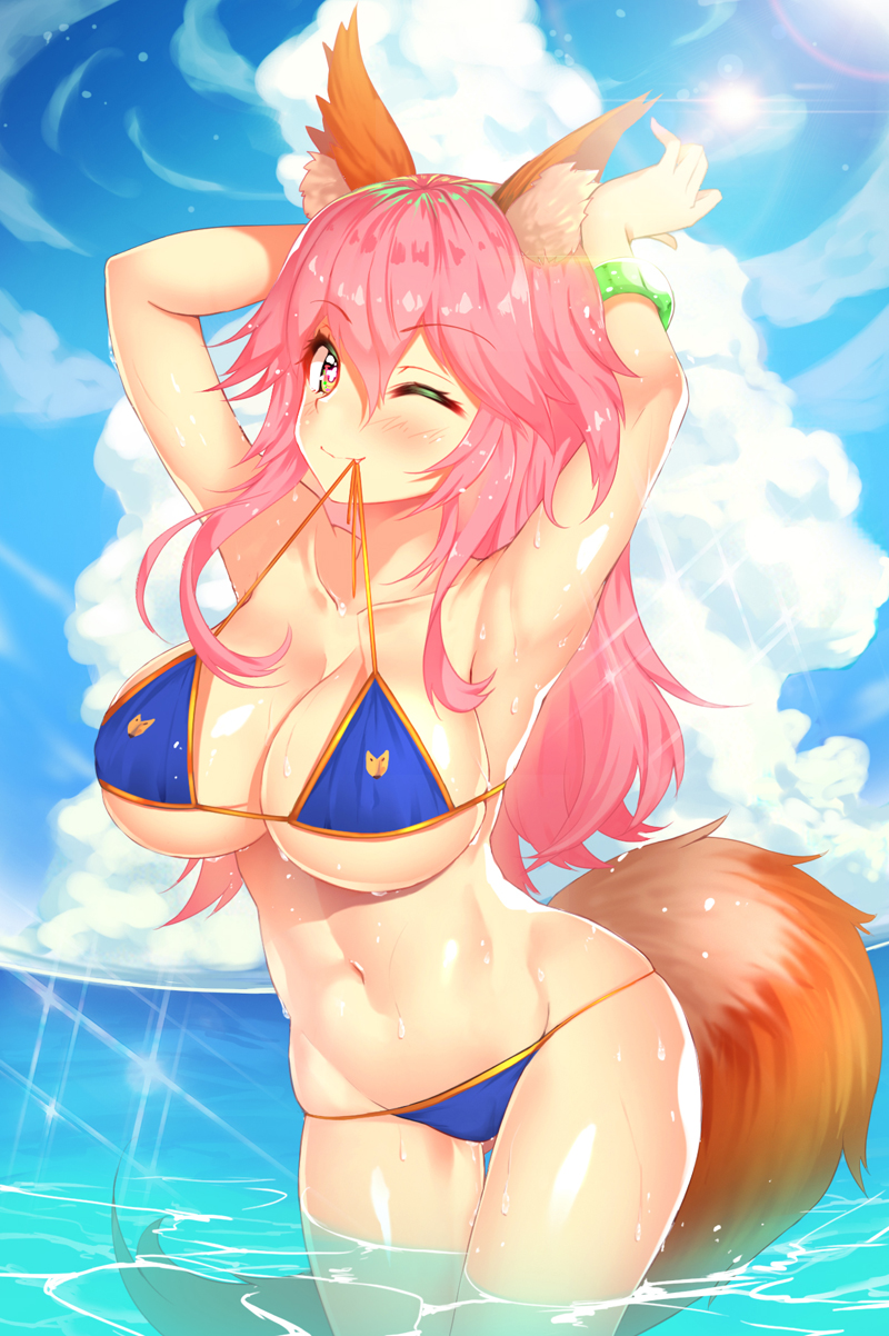 1girl animal_ears armpits arms_up bad_id bad_pixiv_id bikini blue_bikini blush bracelet breasts cleavage cloud day fang fate/grand_order fate_(series) female_focus fox_ears fox_tail highres jewelry large_breasts lens_flare long_hair looking_at_viewer mouth_hold navel ocean one_eye_closed outdoors pink_hair ratio_(ratio-d) revision sky smile solo sparkle sun sunlight swimsuit tail tamamo_(fate) tamamo_no_mae_(fate/extra) tamamo_no_mae_(swimsuit_lancer)_(fate) thighs wading wet yellow_eyes