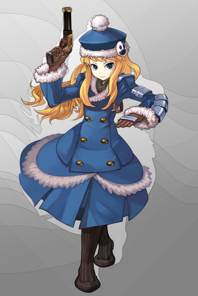 1girl atlus blonde_hair boots dress etrian_odyssey female_focus fur-trimmed_headwear fur_trim gloves gun gunner_(sekaiju) gunner_2_(sekaiju) hat hat_pompom jacket lapel_pin long_hair long_sleeves masn_(moxi) peacoat pin solo weapon