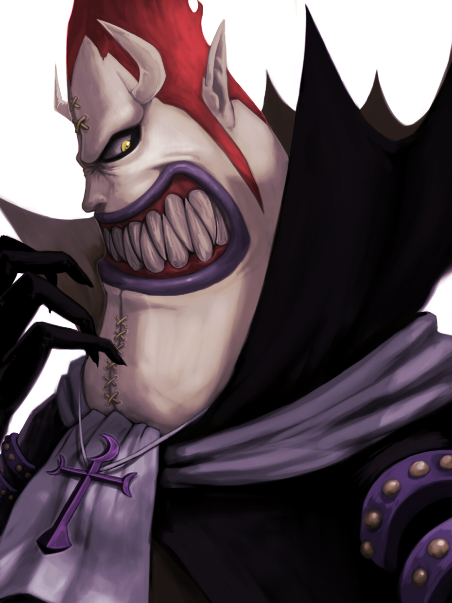 1boy ascot claws colored_skin crescent gecko_moria gingiva grin highres horns jewelry male_focus necklace one_piece pale_skin pointy_ears profile purple_lips red_hair sharp_teeth smile solo teeth white_skin yellow_eyes yoshida_takanori