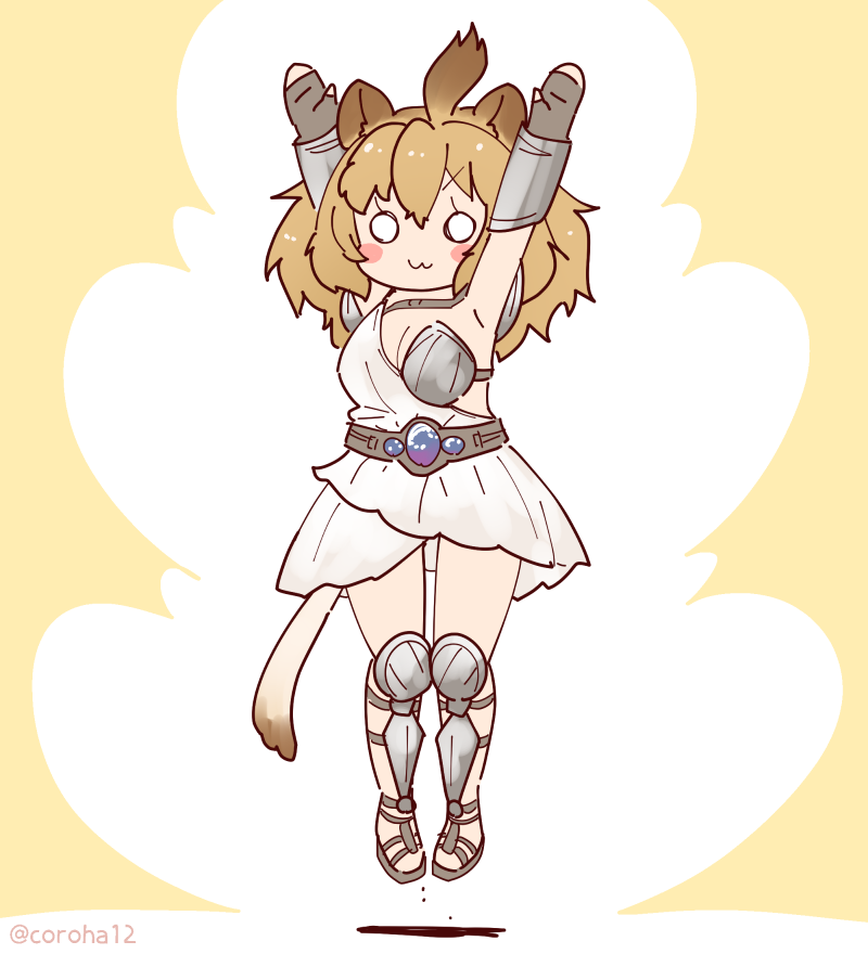 1girl animal_ears armor arms_up belt boots brown_background brown_hair coroha dress extra_ears fingerless_gloves full_body gloves jumping kemono_friends kemono_friends_3 lion_(kemono_friends) lion_ears lion_girl lion_tail long_hair looking_at_viewer simple_background solo tail