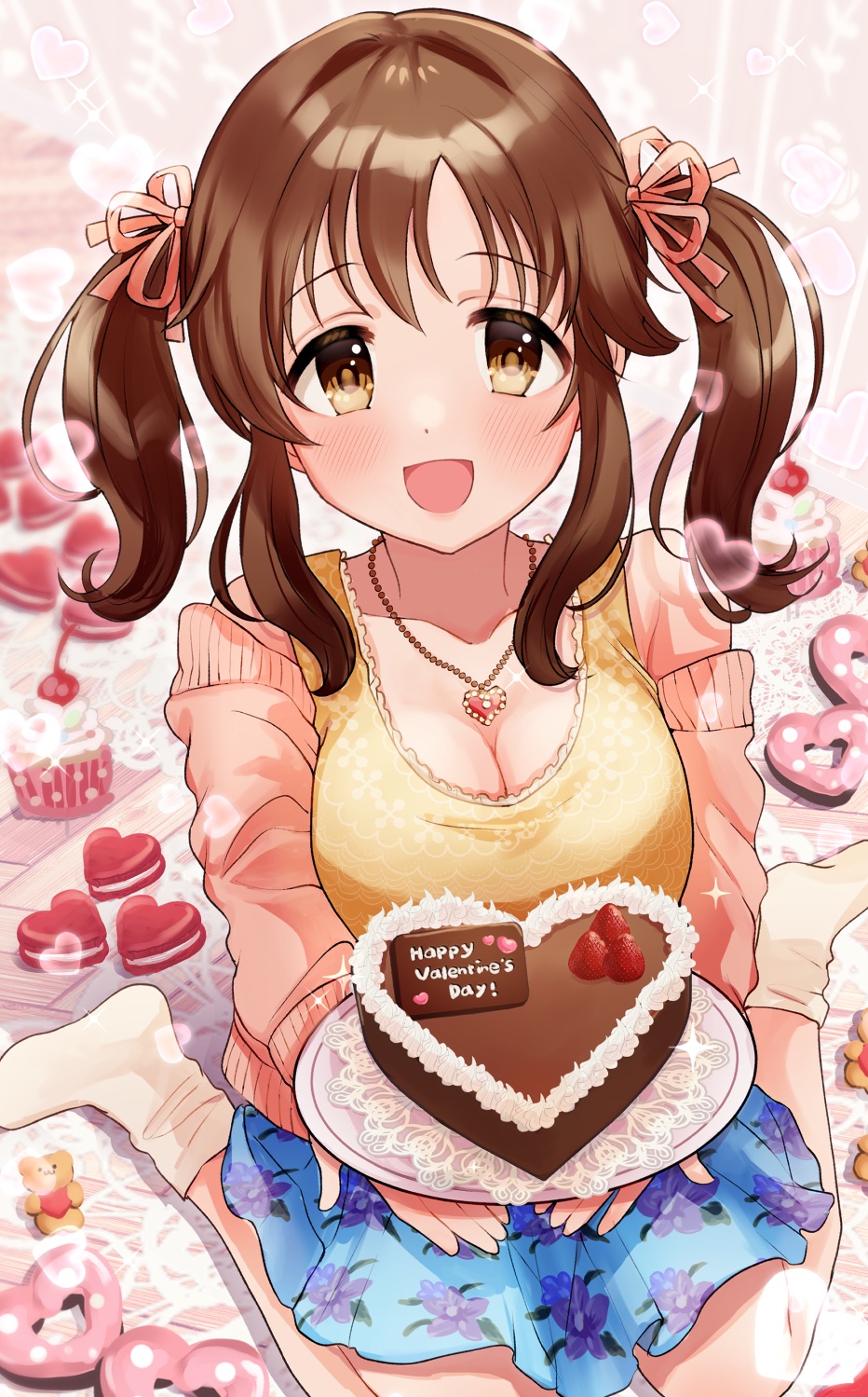 1girl bare_shoulders blue_skirt blush breasts brown_eyes brown_hair cake chocolate chocolate_cake cleavage collarbone commentary_request commission cookie cupcake doughnut english_text floral_print_skirt food fruit full_body hair_ribbon happy_valentine heart heart_necklace highres holding holding_food holding_plate idolmaster idolmaster_cinderella_girls jacket jewelry large_breasts long_sleeves looking_at_viewer macaron medium_hair necklace off_shoulder official_alternate_costume open_clothes open_jacket open_mouth pink_jacket pink_ribbon plate ribbon shirt sidelocks sitting skeb_commission skirt sleeveless sleeveless_shirt smile socks solo straight-on straight_hair strawberry tongue tori_ririisu totoki_airi twintails valentine wariza white_socks yellow_shirt