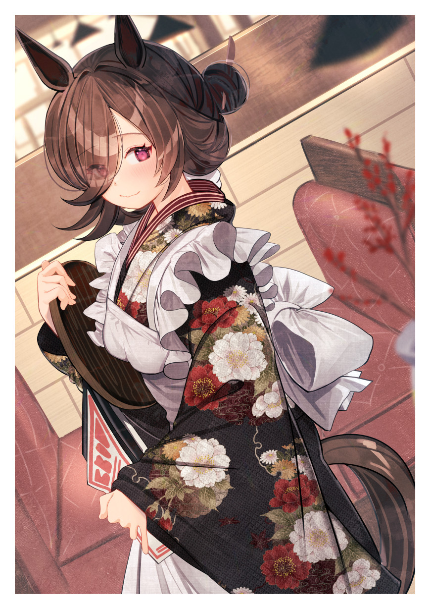 1girl animal_ears apron back_bow booth_seating border bow brown_hair commentary_request cowboy_shot floral_print floral_print_kimono frilled_apron frills hair_bun hair_over_one_eye highres holding holding_menu holding_tray horse_ears horse_girl horse_tail indoors japanese_clothes kimono looking_at_viewer maid maid_apron menu purple_eyes restaurant rice_shower_(umamusume) single_hair_bun smile solo tail tray umamusume white_border yomean!