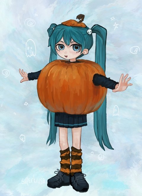 1girl blue_eyes blue_hair commentary english_commentary hair_ornament halloween halloween_costume hatsune_miku leg_warmers lily_(superkiiisa) long_hair open_mouth outstretched_arms pleated_skirt pumpkin_costume shoes skirt skull_hair_ornament smile sneakers solo striped_leg_warmers very_long_hair vocaloid