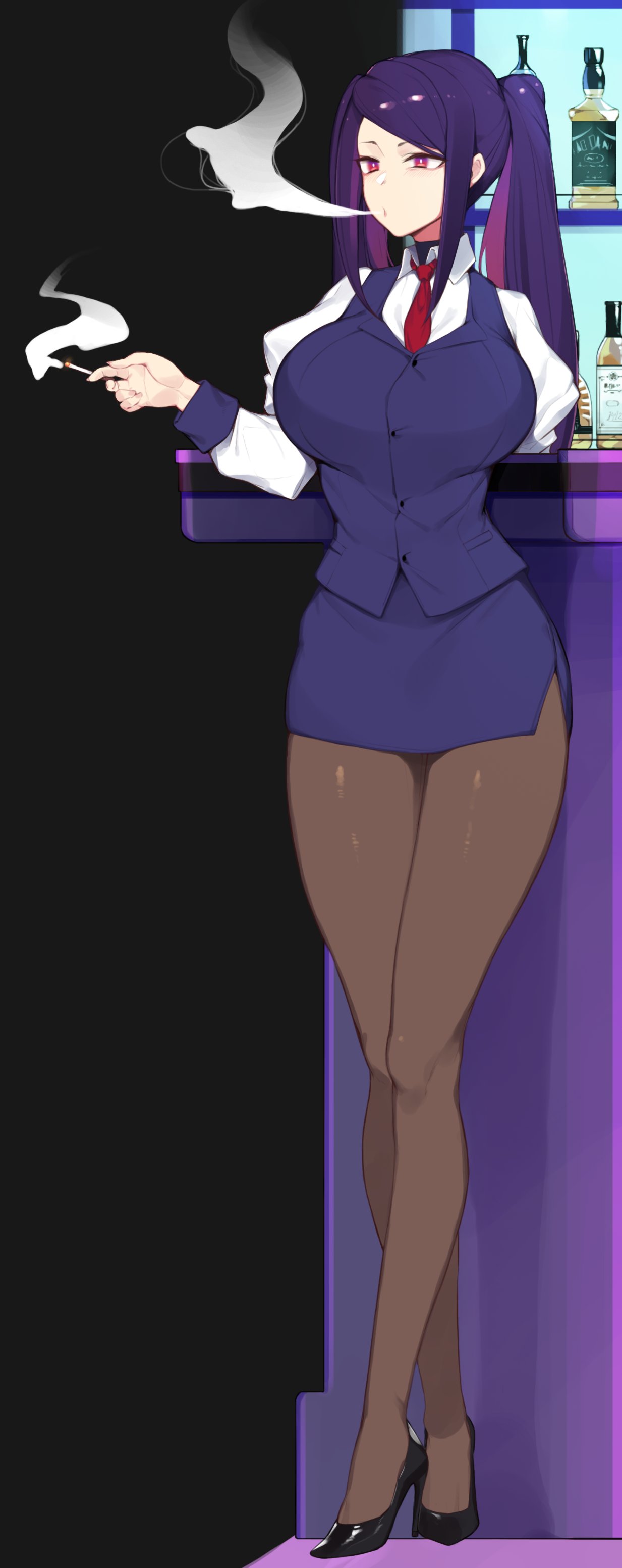 yanje, jill stingray, va-11 hall-a, absurdres, highres, 1girl, alcohol,  alternate breast size, breasts, cigarette, crossed legs, formal, high  heels, large breasts, leaning back, pantyhose, purple hair, smoke, smoking,  solo, suit - Image