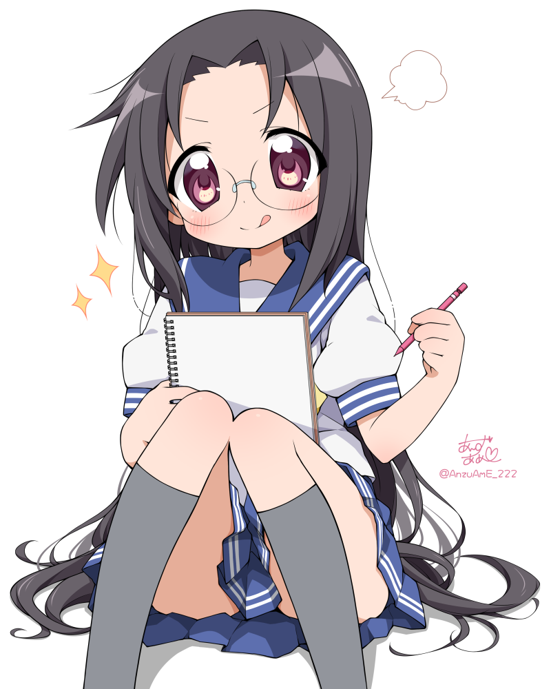 1girl anzu_ame black_hair blue_skirt blush feet_out_of_frame glasses grey_socks holding holding_notebook holding_pencil kneehighs long_hair lucky_star notebook pencil pleated_skirt purple_eyes ryouou_school_uniform school_uniform semi-rimless_eyewear serafuku signature sitting skirt smile socks solo sparkle tamura_hiyori tongue tongue_out twitter_username very_long_hair white_background