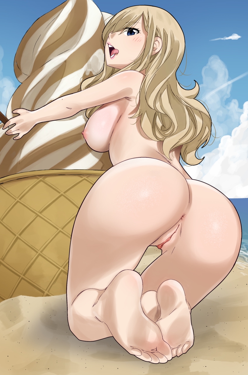 1girl anus beach blonde_hair blue_eyes blush breasts eden&#039;s_zero feet food foreshortening gaston18 highres ice_cream large_breasts nipples nude pussy rebecca_bluegarden solo third-party_edit uncensored