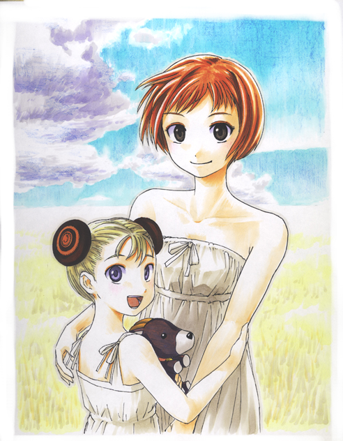 2girls alvis_hamilton back bad_id bad_pixiv_id bare_shoulders blonde_hair blue_eyes bob_cut brown_eyes child cloud colored_pencil_(medium) day dress field goat last_exile lavie_head looking_back mamoru_mikokoro marker_(medium) multiple_girls red_hair short_hair sky smile stuffed_animal stuffed_toy traditional_media wheat wind