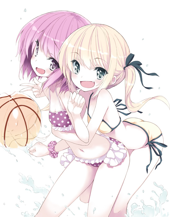 10s 2girls :d arched_back ball bare_shoulders beachball bikini blonde_hair breasts cleavage fang frilled_bikini frills green_eyes hug hug_from_behind long_hair minato_tomoka misawa_maho mole multiple_girls naporu navel open_mouth pink_eyes pink_hair polka_dot polka_dot_bikini polka_dot_swimsuit purple_bikini rou-kyuu-bu! short_hair side-tie_bikini_bottom small_breasts smile string_bikini swimsuit twintails water yellow_bikini