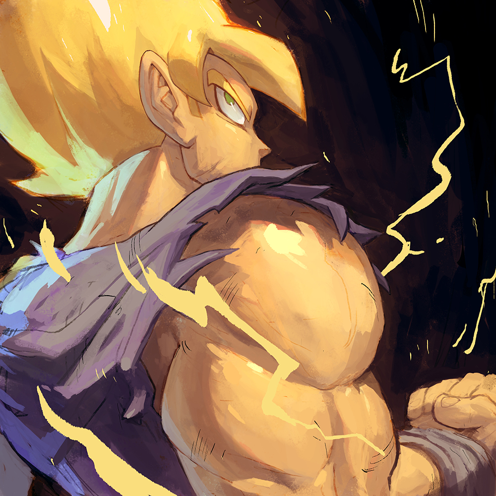 1boy aura black_background blonde_hair blue_shirt clenched_hand dragon_ball dragonball_z garrett_hanna green_eyes looking_back male_focus muscular muscular_male shirt solo son_goku super_saiyan super_saiyan_1 torn_clothes torn_shirt