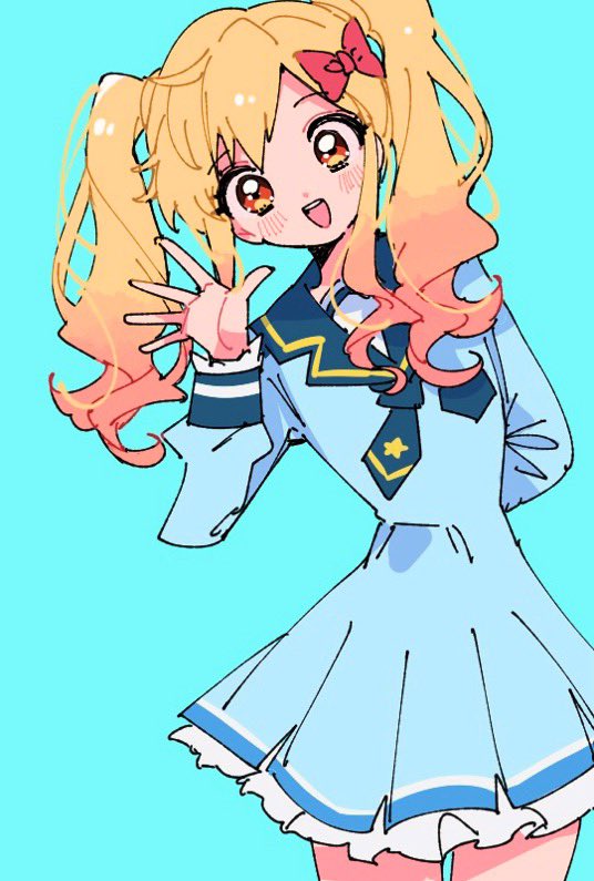 1girl :d aikatsu!_(series) aikatsu_stars! aqua_background arm_behind_back blonde_hair blue_dress blue_necktie blue_sailor_collar blush bow cowboy_shot dangan_(g7mogmog) dot_nose dress frilled_dress frills gradient_hair hair_bow hand_up leaning_to_the_side legs_apart long_hair long_sleeves looking_at_viewer multicolored_hair necktie nijino_yume open_mouth orange_eyes orange_hair red_bow sailor_collar salute school_uniform short_dress sidelocks simple_background smile solo spread_fingers standing straight-on twintails two-tone_hair wavy_hair yotsuboshi_academy_school_uniform