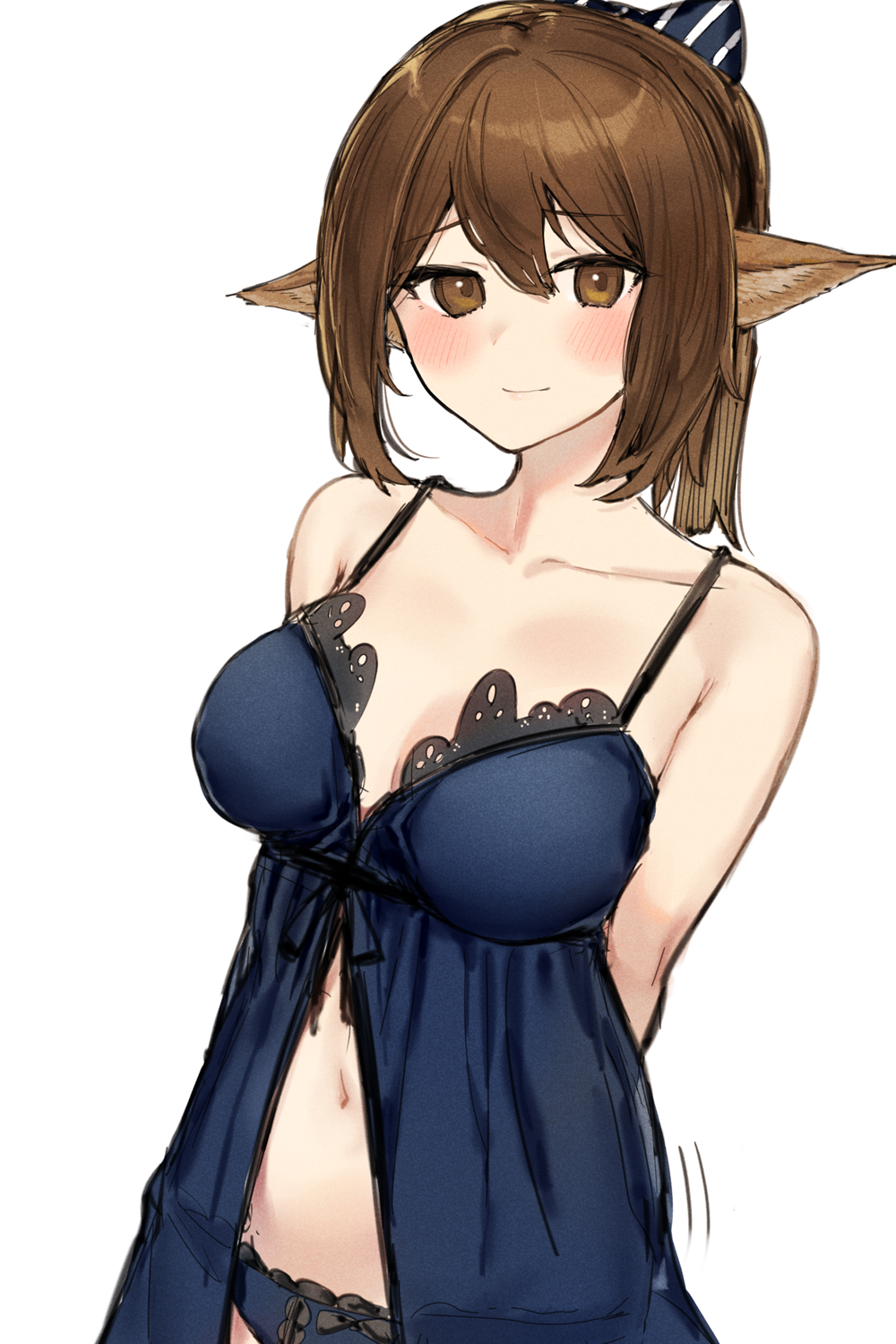 1girl alternate_costume animal_ears arknights arms_behind_back babydoll black_bow black_ribbon blue_babydoll blue_panties blush bow breasts brown_eyes brown_hair collarbone commentary_request cowboy_shot dot_nose fox_ears hair_between_eyes hair_bow highres large_breasts looking_at_viewer medium_hair navel open_clothes open_shirt panties perfumer_(arknights) poco_(backboa) ribbon simple_background solo spaghetti_strap striped_bow underwear upper_body