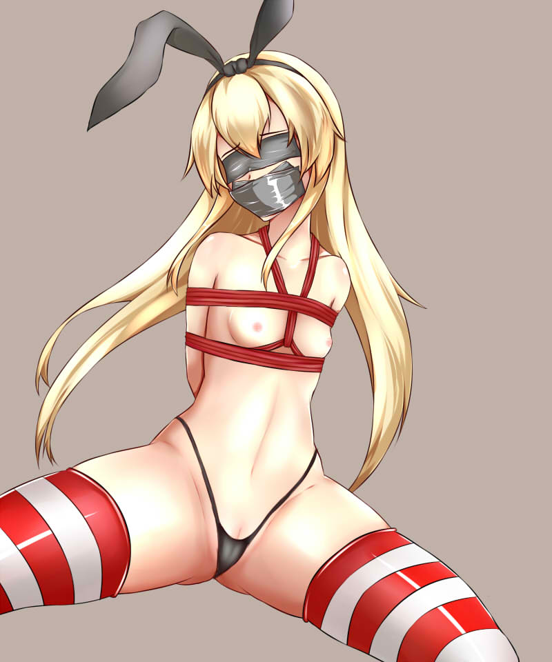 10s 1girl arms_behind_back bdsm blindfold blonde_hair bondage bound bow breasts dodomeki gag hair_bow improvised_gag kantai_collection long_hair nipples rope shibari shimakaze_(kancolle) small_breasts striped_clothes striped_thighhighs tape tape_gag taped_eyes thighhighs thong topless