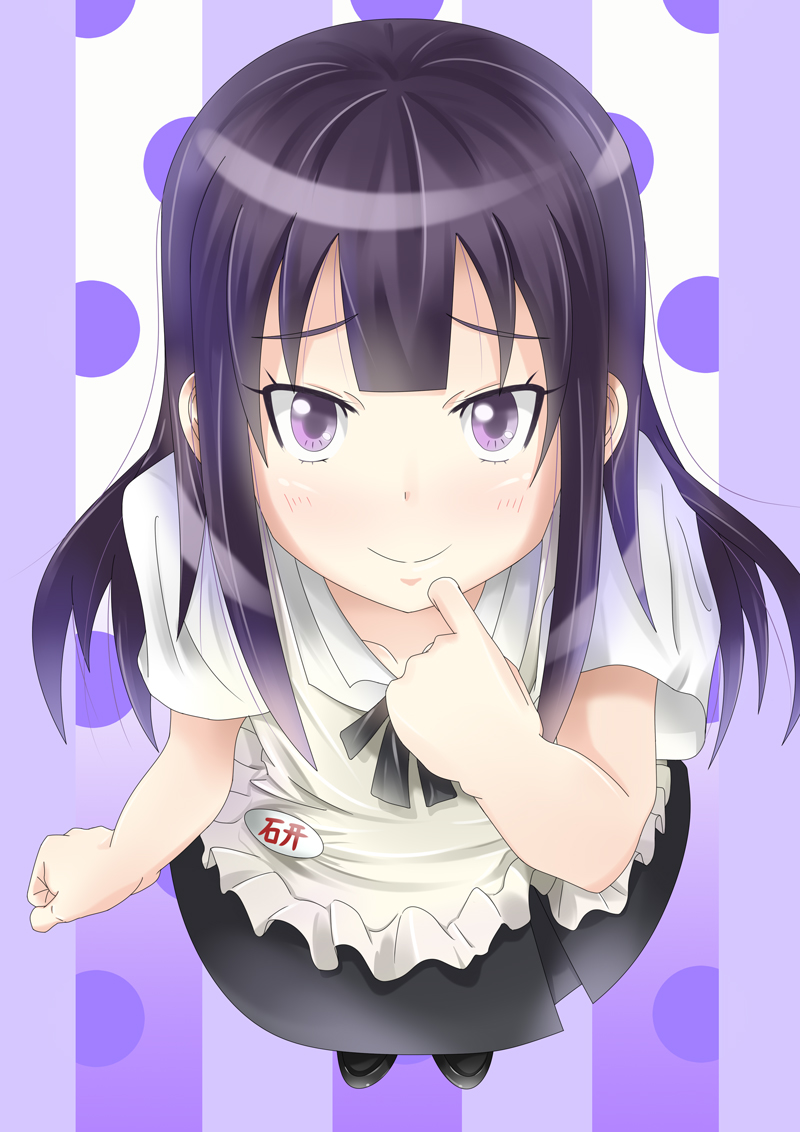 1girl apron bad_id bad_pixiv_id badge collarbone bad_tag female_focus from_above long_hair looking_at_viewer miro_(mmmyyyy) purple_eyes purple_hair shoes short_sleeves skirt smile solo standing tsurime waitress working!! yamada_aoi