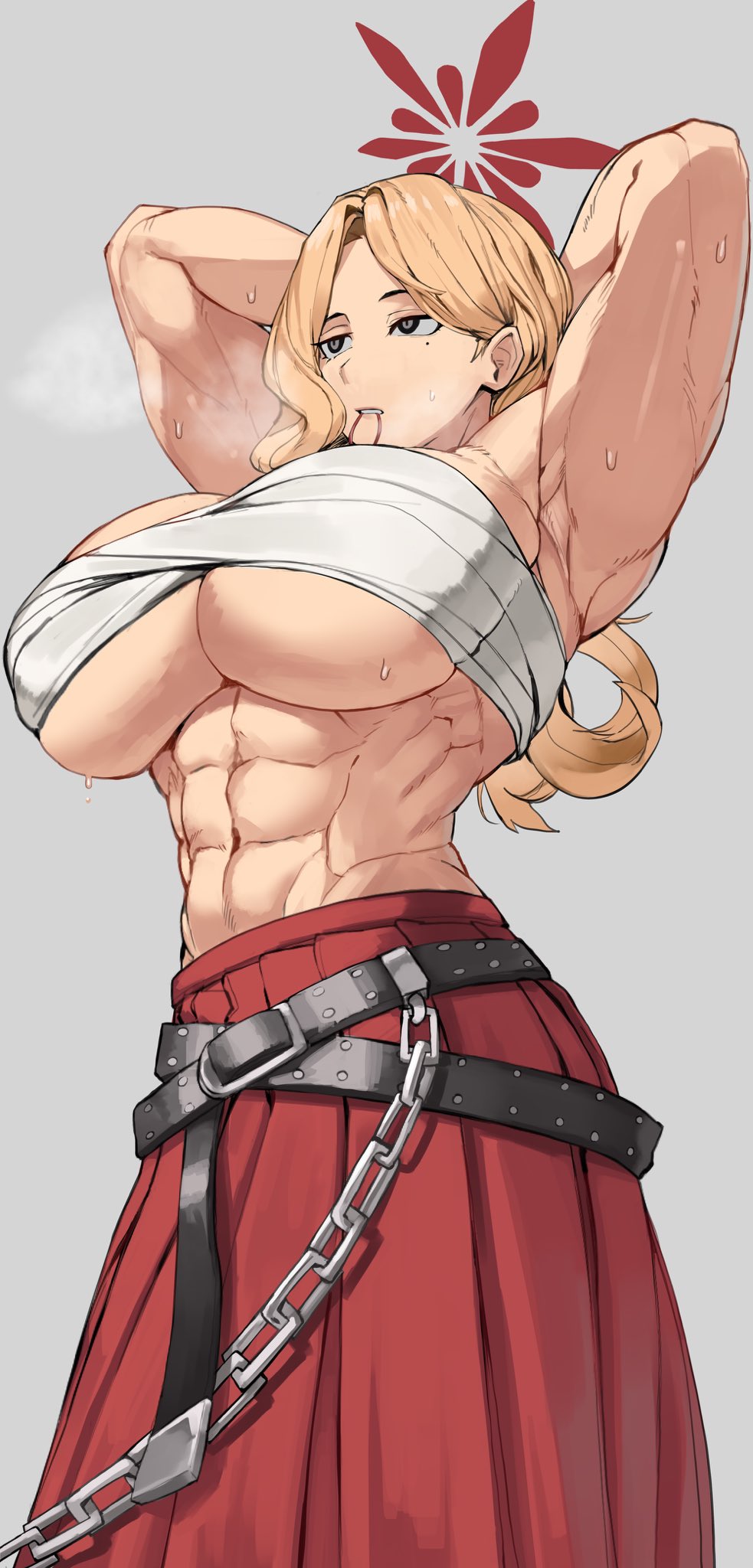 1girl abs akemi_(blue_archive) biceps blue_archive breasts chest_sarashi crossed_belts delinquent fluffy_hair halo highres large_breasts long_hair mole mole_under_eye muscular muscular_female navel red_halo red_skirt sarashi simple_background skirt solo soolee040995 sukeban