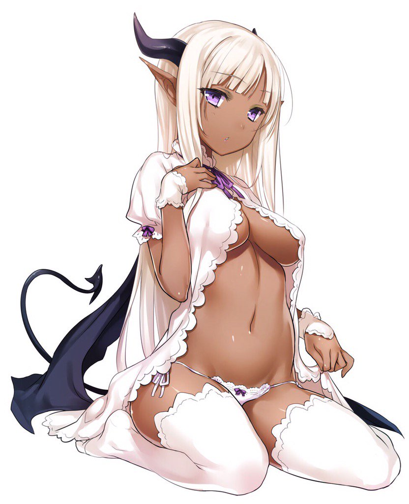 1girl 47agdragon bow bow_panties breasts dark-skinned_female dark_skin demon_girl demon_tail female_focus hand_on_own_chest horns jpeg_artifacts large_breasts navel panties pointy_ears purple_eyes simple_background sitting solo string_panties tail thighhighs underboob underwear wariza white_background white_hair white_panties white_thighhighs wrist_cuffs