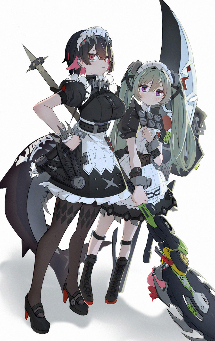 2girls black_footwear black_hair black_pantyhose blush boots closed_mouth corin_wickes earrings ellen_joe esu_(transc) fins fish_tail full_body hair_between_eyes hair_ornament hairclip hashtag-only_commentary highres holding holding_weapon jewelry looking_at_viewer maid maid_headdress multiple_girls pantyhose purple_eyes red_eyes red_hair shark_girl shark_tail short_hair sidelocks simple_background standing tail twintails weapon white_background zenless_zone_zero