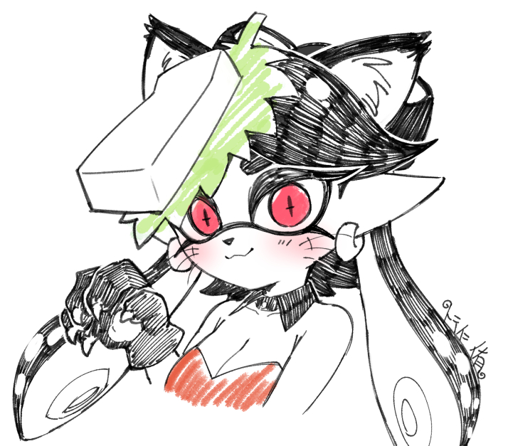 1girl animal_ears animal_hands animal_nose breasts callie_(splatoon) cat_ears cleavage facepaint furrification furry furry_female gloves halloween_costume inkling looking_at_viewer minamidena nintendo official_alternate_costume paw_gloves splatoon_(series) splatoon_3 tentacle_hair