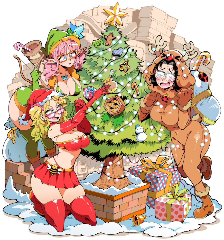 :o animal_costume bell bikini bikini_top_only black_hair blonde_hair blue_eyes blush bodysuit breasts brown_bodysuit candy candy_cane choker christmas_lights christmas_ornaments christmas_tree cleavage coke-bottle_glasses commentary_request commission food gift glasses gradient_hair green_bikini green_hat hat jewelry kafun kneeling large_breasts leaning_forward leg_up looking_at_another looking_at_object miniskirt multicolored_hair open_mouth original pendant pink_hair quiver rectangular_eyewear red_choker red_skirt reindeer_costume skirt smile snow snowman sweat swimsuit teeth upper_teeth_only