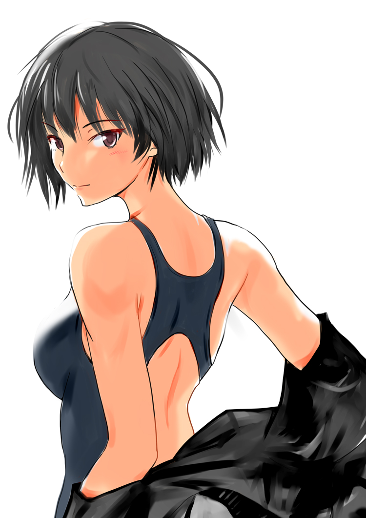 1girl amagami bare_shoulders black_eyes black_hair black_jacket blue_one-piece_swimsuit breasts closed_mouth competition_swimsuit from_behind jacket looking_at_viewer looking_back medium_breasts murasaki_iro nanasaki_ai one-piece_swimsuit racerback short_hair simple_background solo swimsuit undressing upper_body white_background