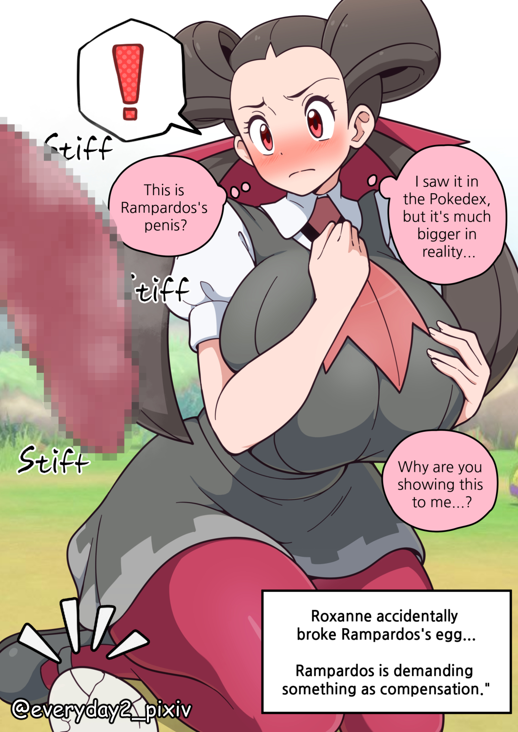 bestiality blush breasts censored creatures_(company) everyday2 game_freak gen_4_pokemon highres huge_breasts nintendo pokemon pokemon_rse pokephilia rampardos roxanne_(pokemon) speech_bubble