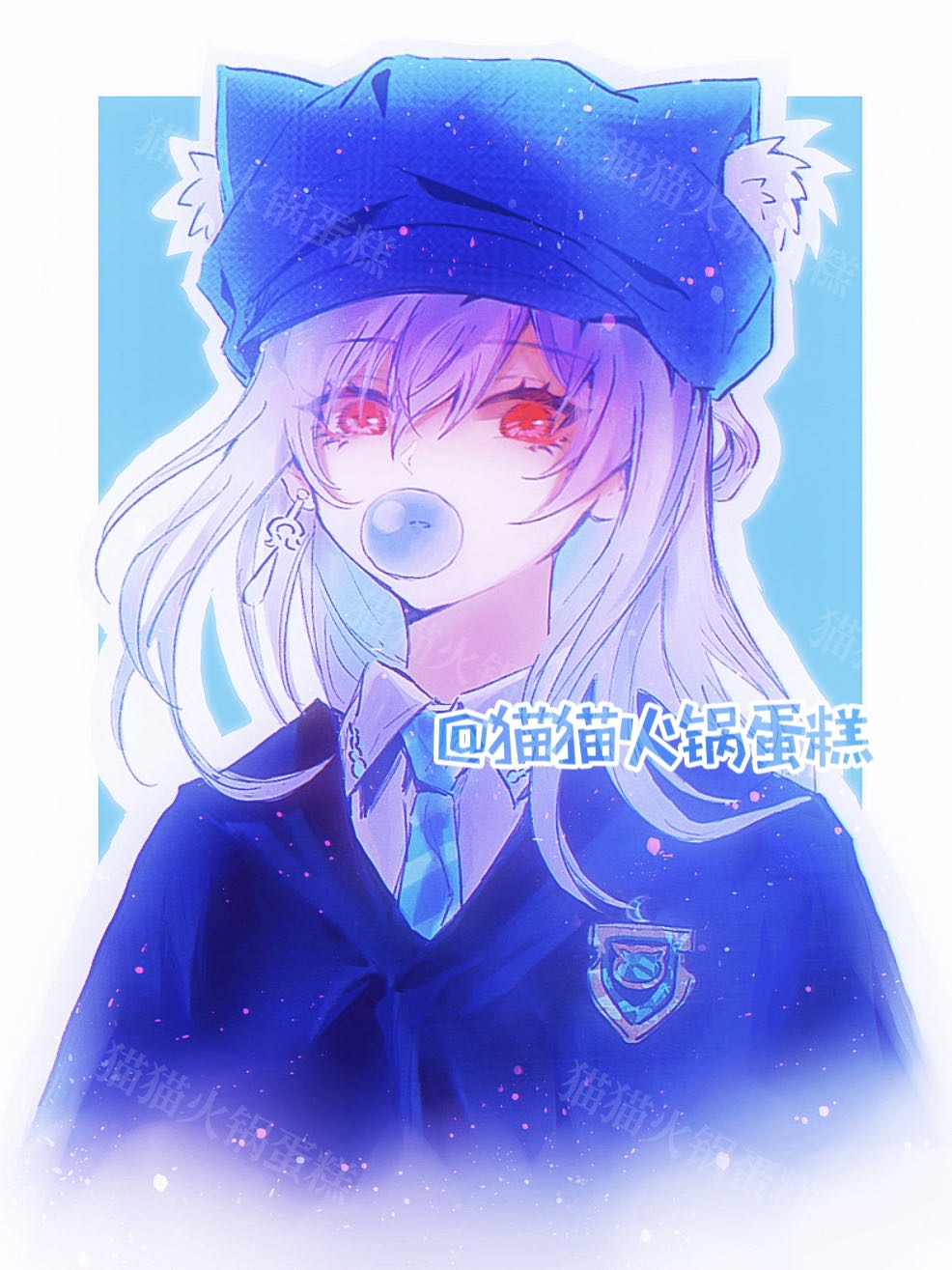 1girl air_bubble alternate_costume animal_ear_fluff animal_ears artist_name badge blue_coat blue_hair blue_necktie bubble cat_ears chewing_gum chinese_commentary coat collared_shirt earrings fake_animal_ears glowing glowing_eyes hair_between_eyes hat head_tilt highres honkai:_star_rail honkai_(series) jewelry jingliu_(honkai:_star_rail) lofter_username long_hair looking_at_viewer meowhpcake multicolored_background necktie parted_lips red_eyes shirt single_earring solo standing watermark wavy_hair white_shirt