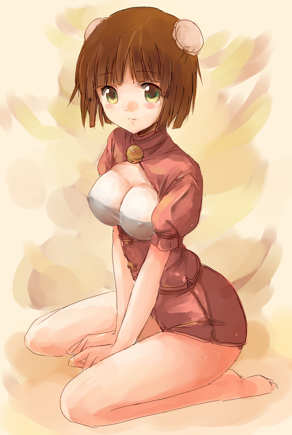 1girl barefoot bell blush breasts brown_hair cleavage double_bun female_focus green_eyes hair_bun highres kneeling manyu original short_hair sitting sketch smile solo yuni_(manyutin)