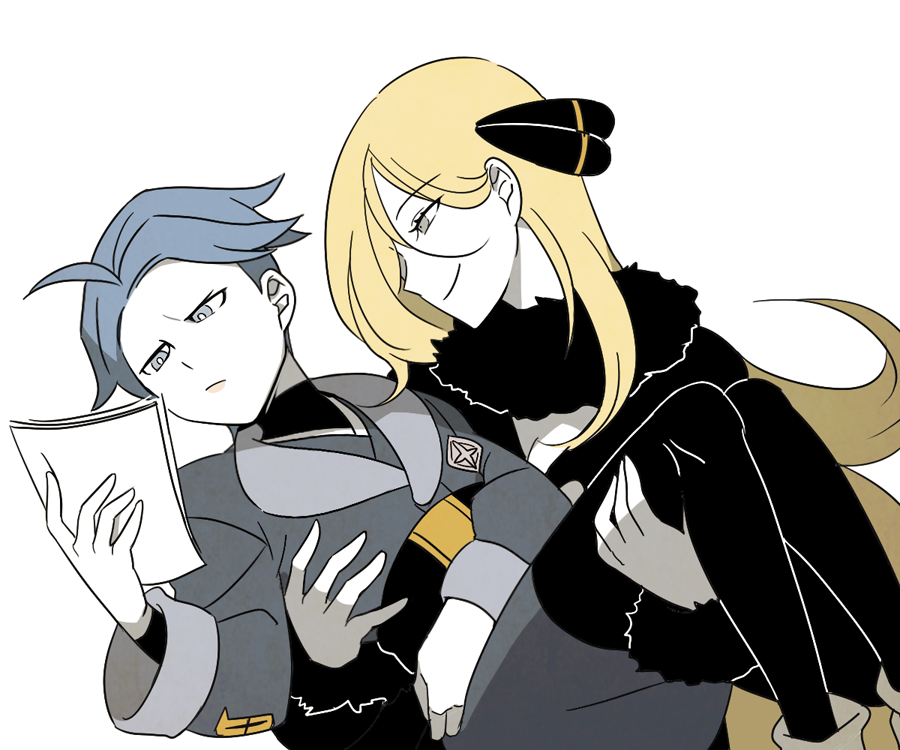 2girls ahoge belt belt_buckle black_belt black_pantyhose black_shirt blonde_hair bright_pupils buckle carrying closed_mouth commentary creatures_(company) cyllene_(pokemon) cynthia_(pokemon) eyelashes game_freak grey_eyes grey_hair grey_jacket grey_skirt hair_ornament holding holding_paper jacket long_hair multiple_girls nintendo pantyhose paper pokemon pokemon_dppt pokemon_legends:_arceus shirt short_hair simple_background skirt smile ssalbulre white_background white_pupils