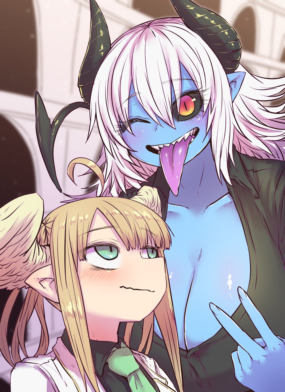 2girls angel angel_wings aohada_bocchi black_shirt blonde_hair blue_skin breasts cleavage colored_skin demon_girl dog_girl duplicate green_eyes green_neckwear head_wings highres huge_breasts long_hair long_tongue mascot multiple_girls necktie one_eye_closed pointy_ears red_eyes rian_(aohada_bocchi) ruri_(aohada_bocchi) sharp_teeth shirt skirt speech_bubble teeth tongue unbuttoned v white_hair white_skirt wings wolf_girl zyugoya