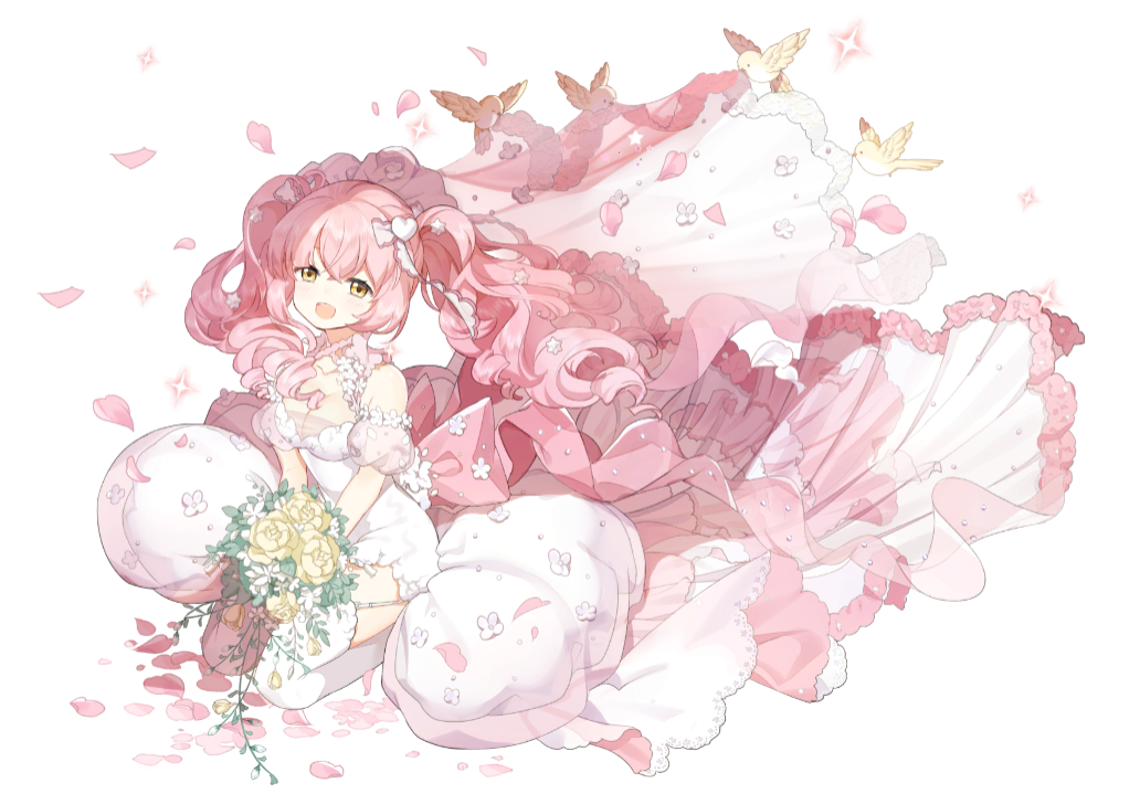 1girl 4others alternate_costume alternate_hair_color amber_(final_gear) artist_request back_ribbon bare_shoulders beak bird bird_tail bird_wings bouquet breasts bridal_veil cleavage collarbone cross-laced_straps dress final_gear flower flying full_body garter_straps hair_ornament heart heart_hair_ornament holding holding_bouquet long_hair medium_breasts mouth_hold multiple_others official_alternate_costume official_art open_mouth pink_hair pink_petals pink_ribbon pink_straps ribbon rose see-through_clothes see-through_cleavage see-through_sleeves see-through_veil short_dress short_sleeves simple_background sitting sparkle tachi-e tail teeth thighhighs third-party_source tongue upper_teeth_only veil vest wariza wedding_dress white_background white_dress white_flower white_garter_straps white_thighhighs white_vest wings yellow_bird yellow_eyes yellow_flower yellow_rose yellow_wings