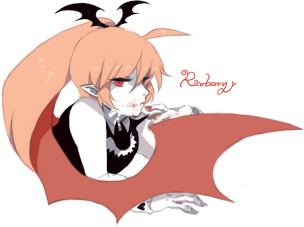 1girl black_dress blood blood_on_face demon_girl demon_wings doodleneusi dress funamusea haiiro_teien looking_at_viewer pink_hair ponytail rawberry_preserves red_eyes solo wings