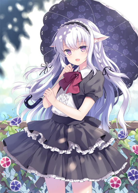 1girl :o animal_ears ascot braid cowboy_shot dress female_focus floral_print kurasawa_moko long_hair looking_at_viewer original parasol puffy_short_sleeves puffy_sleeves purple_eyes short_sleeves solo twin_braids umbrella white_hair