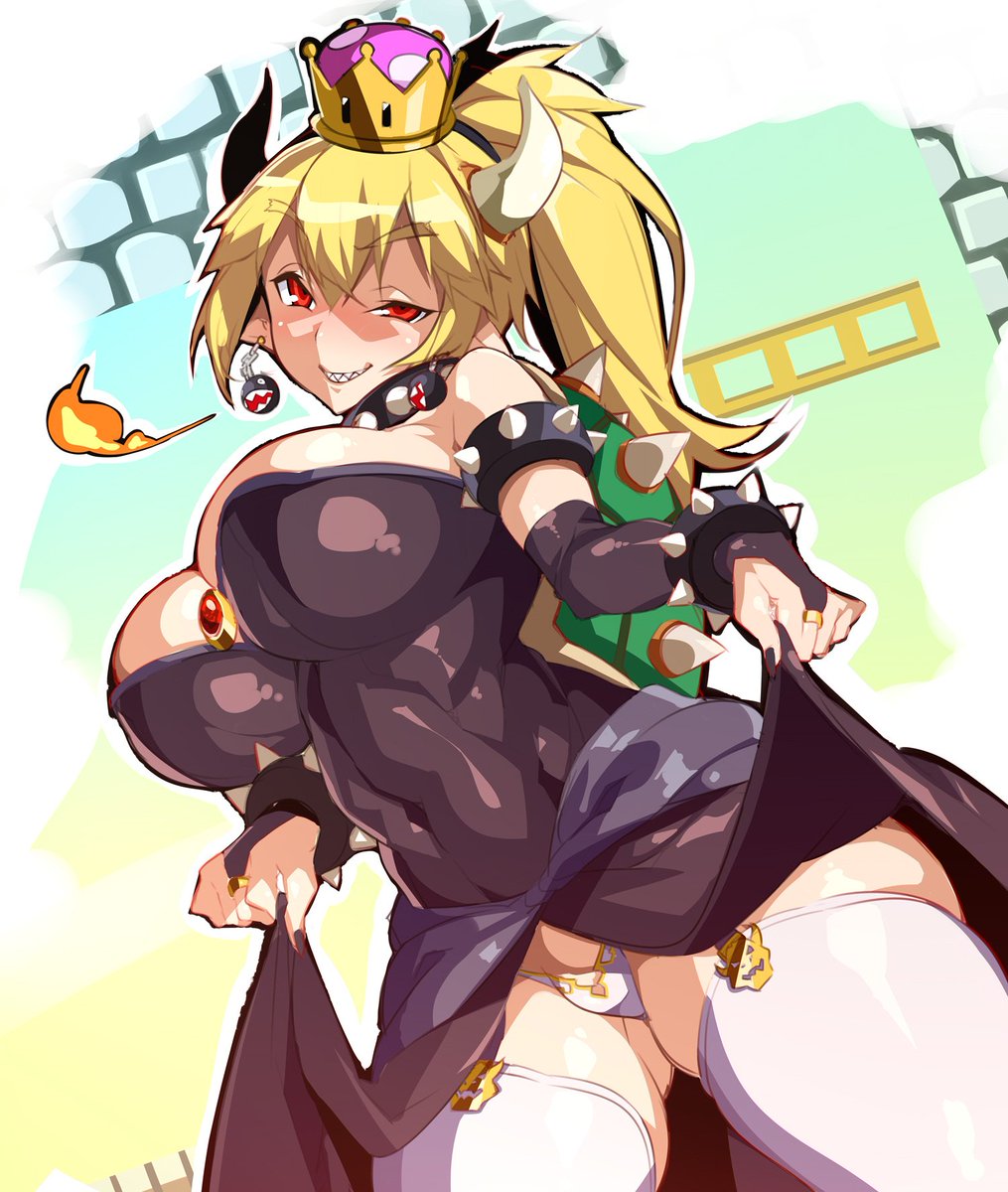 1girl bare_shoulders black_dress blonde_hair bowser_logo bowsette bracelet breasts choker cleavage collar dress flashing highres horns huge_breasts jewelry large_breasts long_hair looking_at_viewer mario_(series) nail_polish new_super_mario_bros._u_deluxe nintendo pointy_ears ponytail red_eyes sharp_teeth smile solo spiked_bracelet spiked_collar spikes super_crown teeth underwear