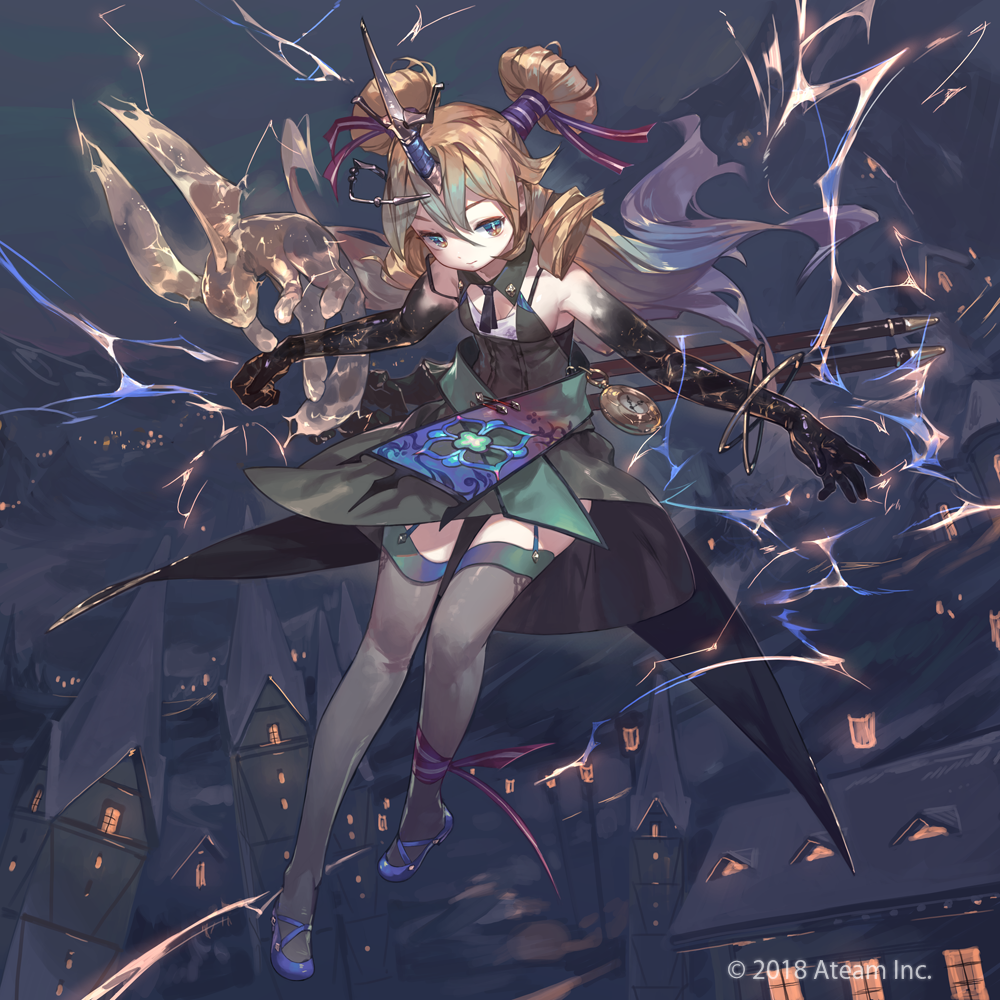 1girl black_hands blue_shoes brown_eyes brown_hair colored_extremities copyright_name creature double_bun flat_chest hair_between_eyes hair_bun horns house lightning night official_art pocket_watch single_horn so-taro tesla_(valkyrie_connect) thighhighs valkyrie_connect watch window