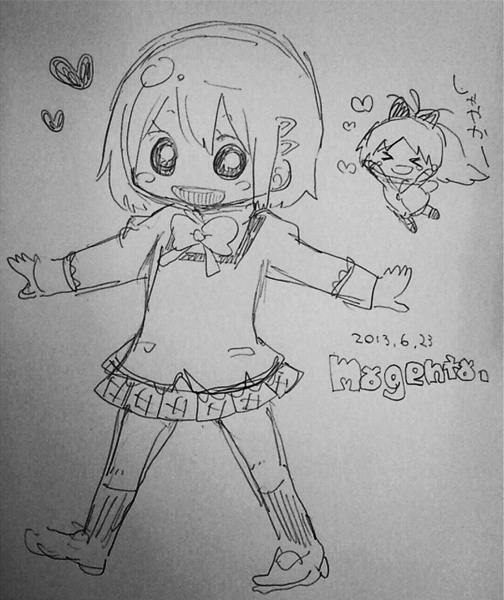 &gt;_&lt; 10s 2girls :d antenna_hair bow bowtie closed_eyes full_body greyscale heart long_sleeves mahou_shoujo_madoka_magica mahou_shoujo_madoka_magica_(anime) mahou_shoujo_madoka_magica_movie_1_&amp;_2 miki_sayaka monochrome multiple_girls open_mouth outstretched_arms plaid_clothes plaid_skirt pleated_skirt ponytail sakura_kyoko short_hair skirt smile translation_request walking yuzuno_nana